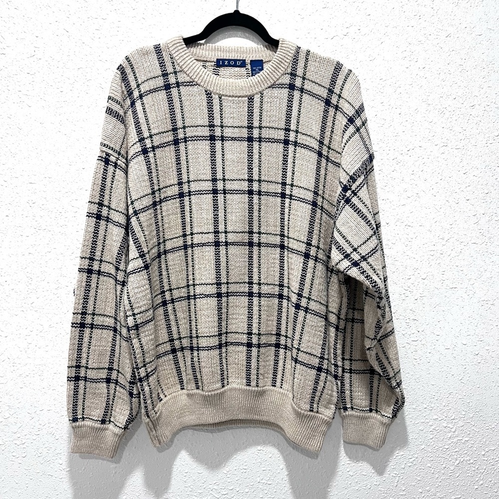 Izod Men's cotton Cream and Black Plaid Crewneck‎ Sweater XL